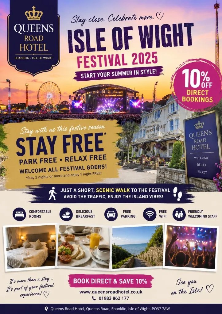 Isle of Wight Festival 2025 promotion at The Queens Road Hotel — stay free offer, 10% off direct bookings, scenic walk to the festival